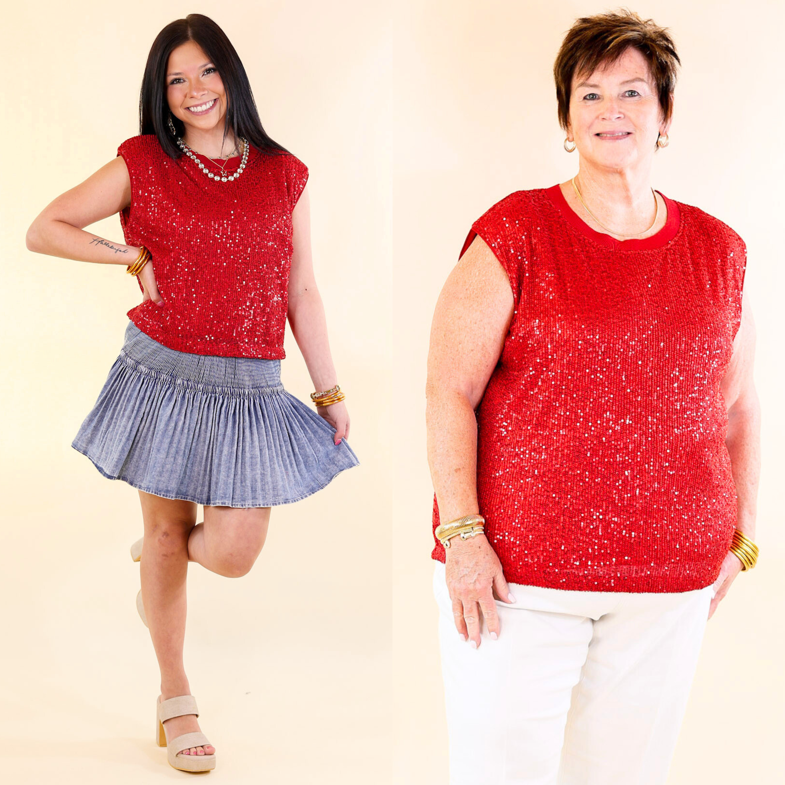 Sequin Sleek Red Sleeveless Top