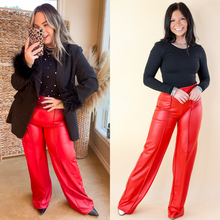 Advice For You Straight Leg Faux Leather Straight Leg with Front Seam in Red