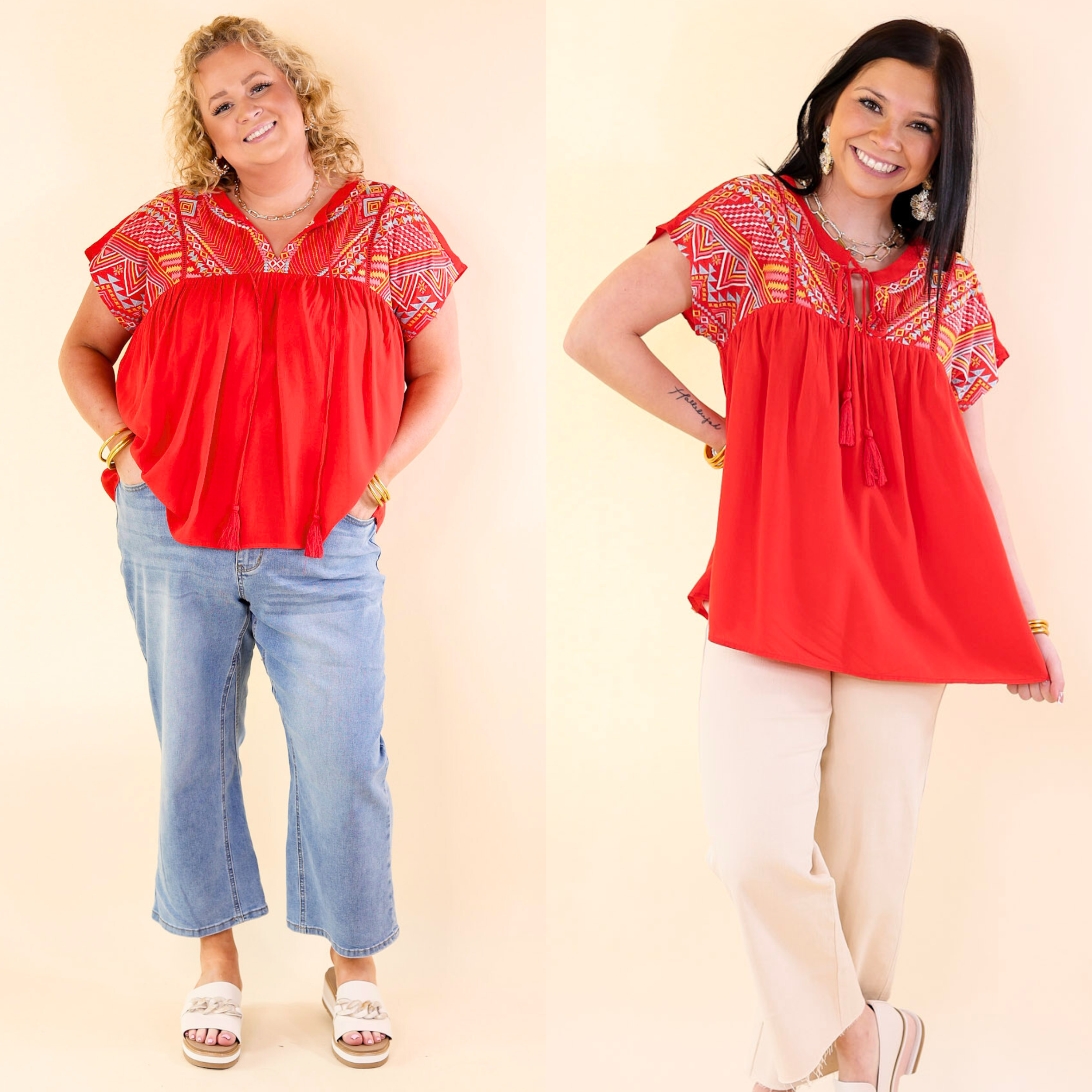 Forgotten Paradise Embroidered Top with Front Tie in Red - Giddy Up Glamour Boutique