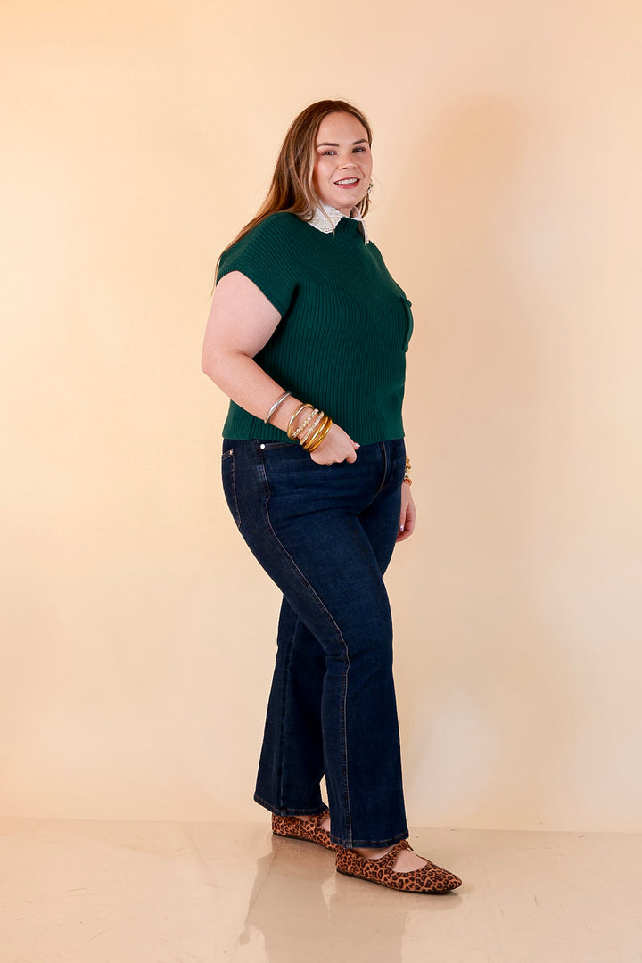 Repeat Worthy Cap Sleeve Cropped Sweater with Front Pocket in Forest Green