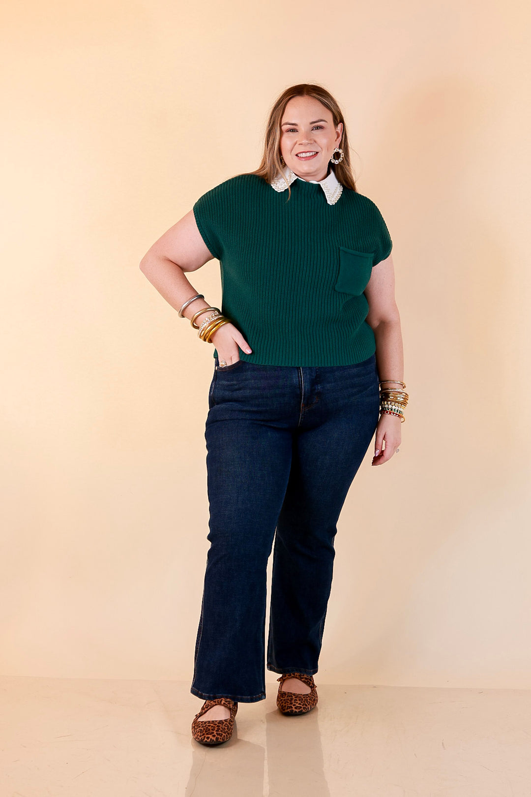 Repeat Worthy Cap Sleeve Cropped Sweater with Front Pocket in Forest Green
