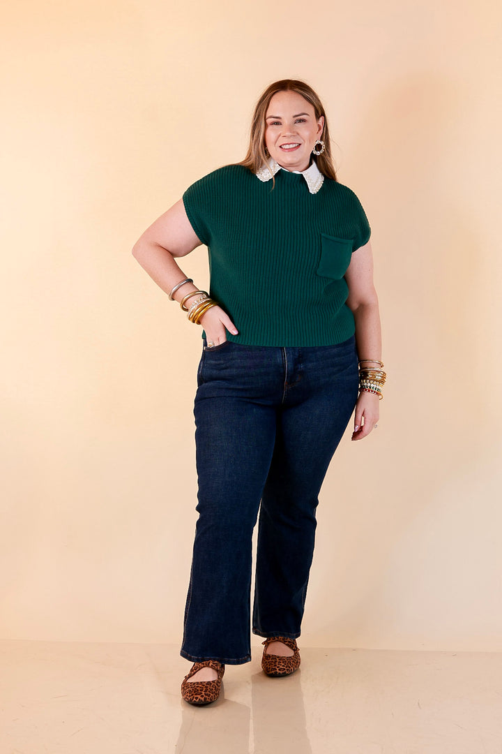 Repeat Worthy Cap Sleeve Cropped Sweater with Front Pocket in Forest Green
