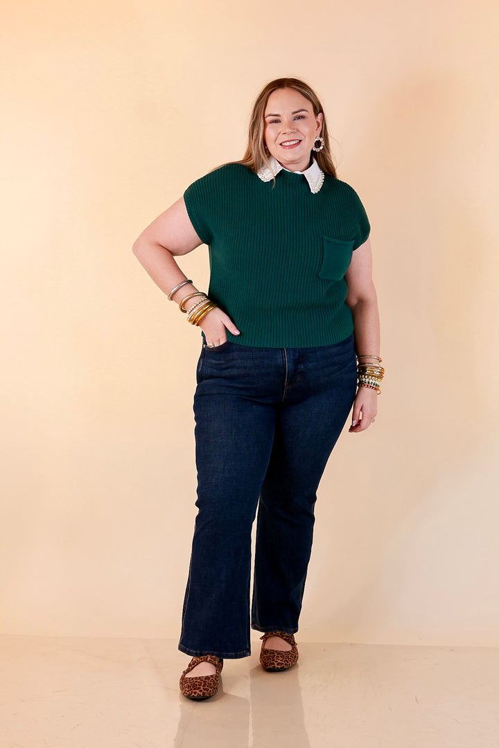 Repeat Worthy Cap Sleeve Cropped Sweater with Front Pocket in Forest Green