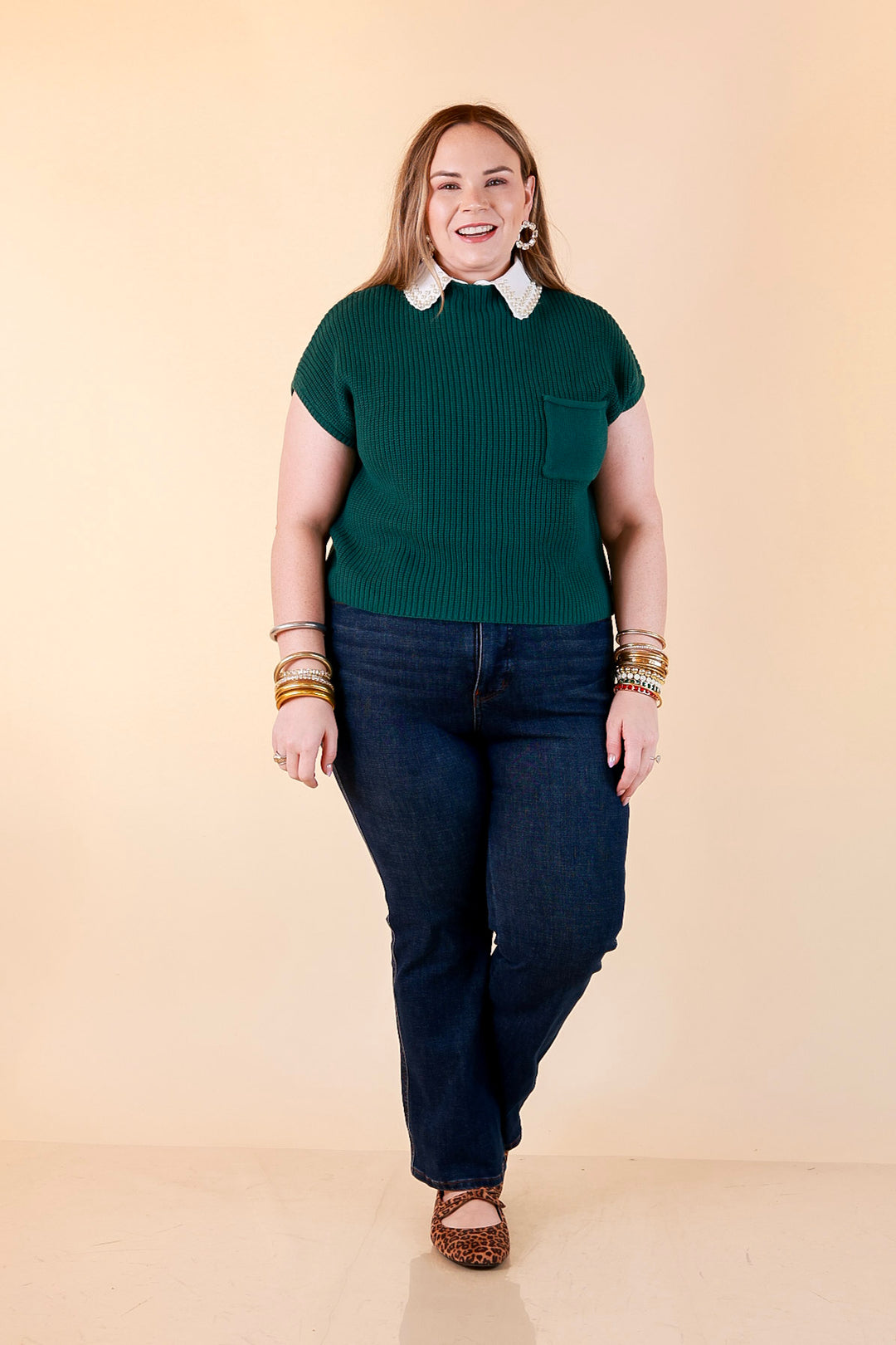 Repeat Worthy Cap Sleeve Cropped Sweater with Front Pocket in Forest Green
