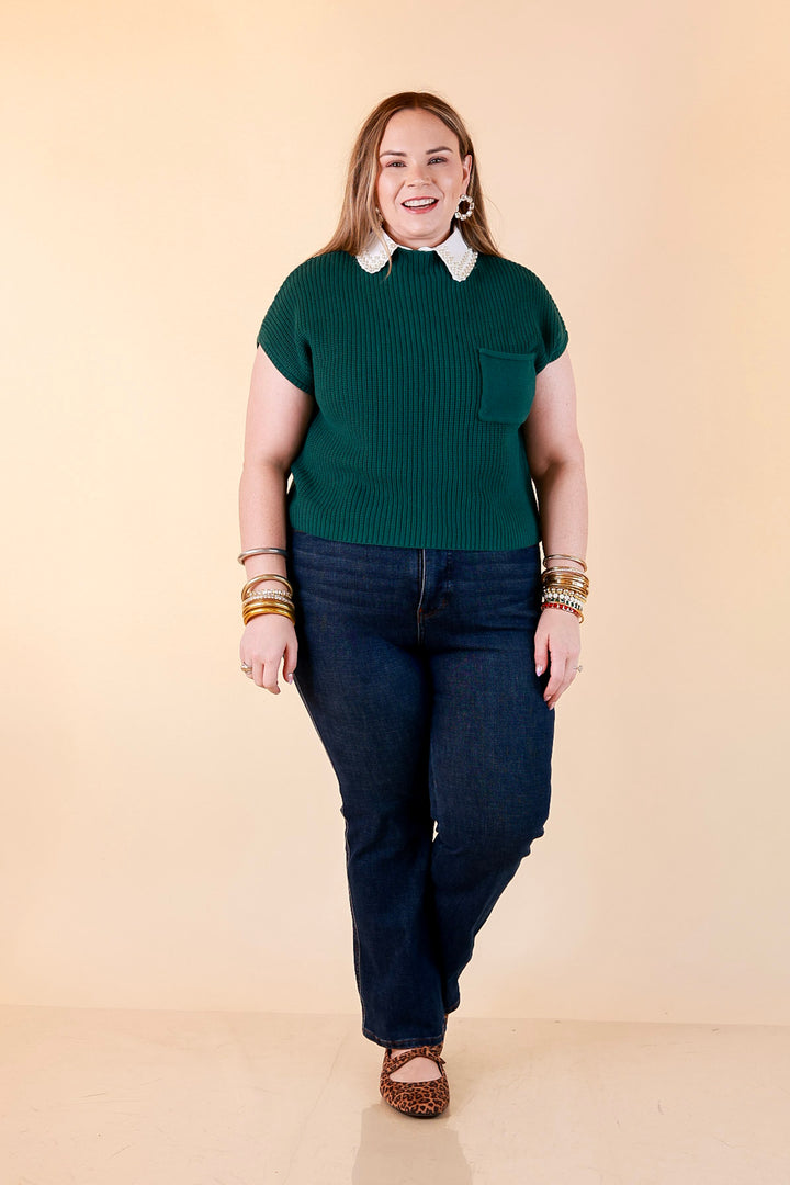 Repeat Worthy Cap Sleeve Cropped Sweater with Front Pocket in Forest Green