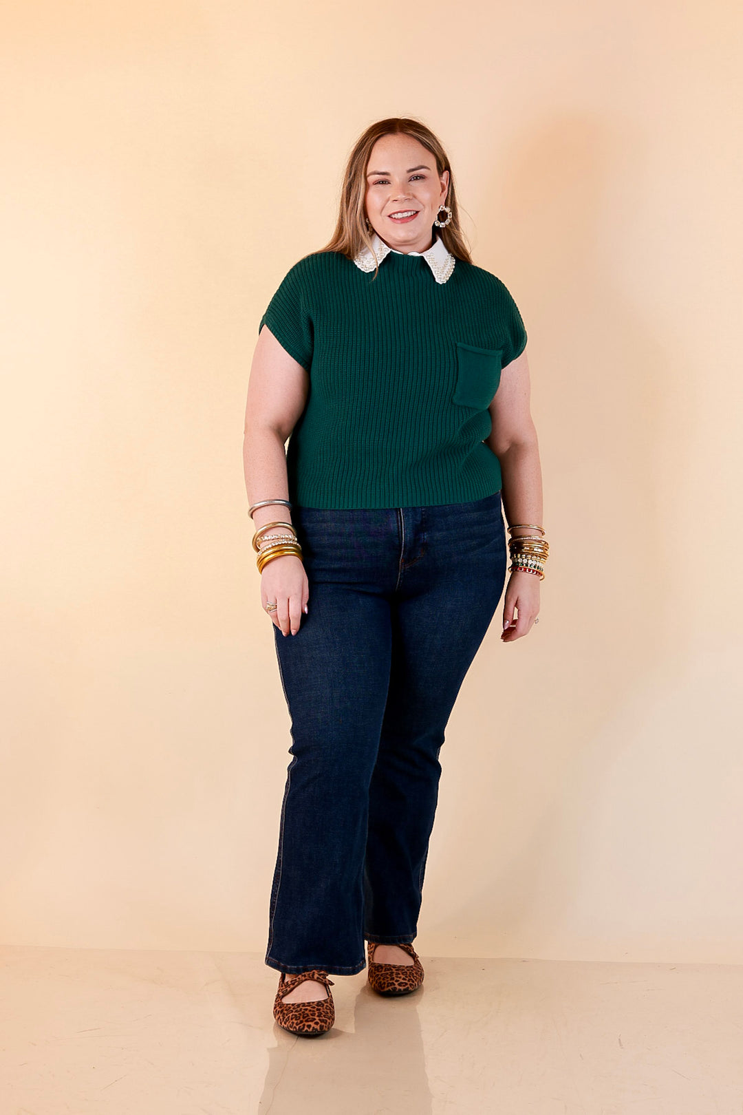 Repeat Worthy Cap Sleeve Cropped Sweater with Front Pocket in Forest Green