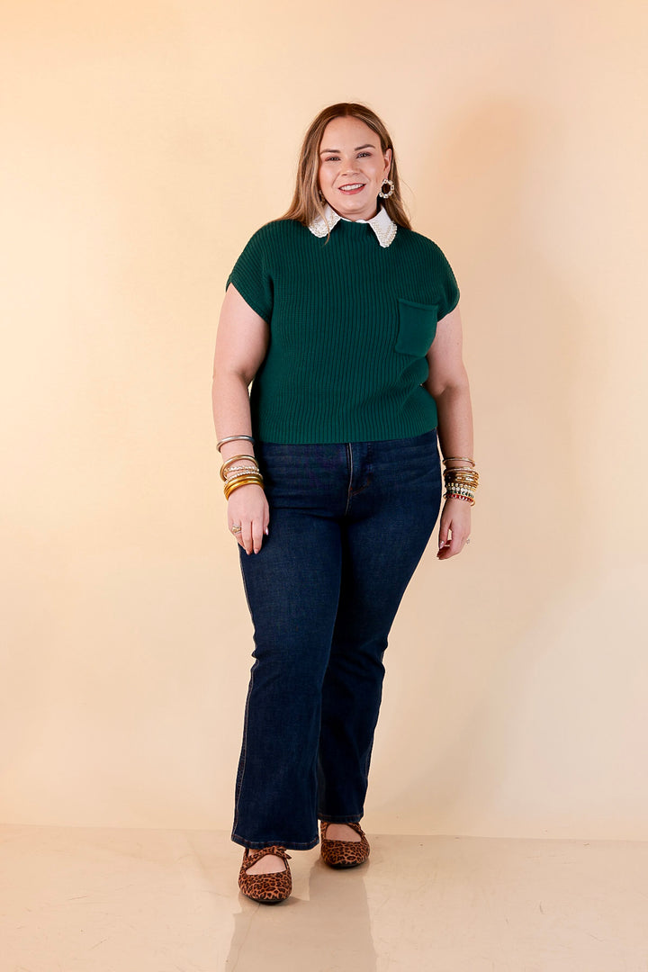 Repeat Worthy Cap Sleeve Cropped Sweater with Front Pocket in Forest Green