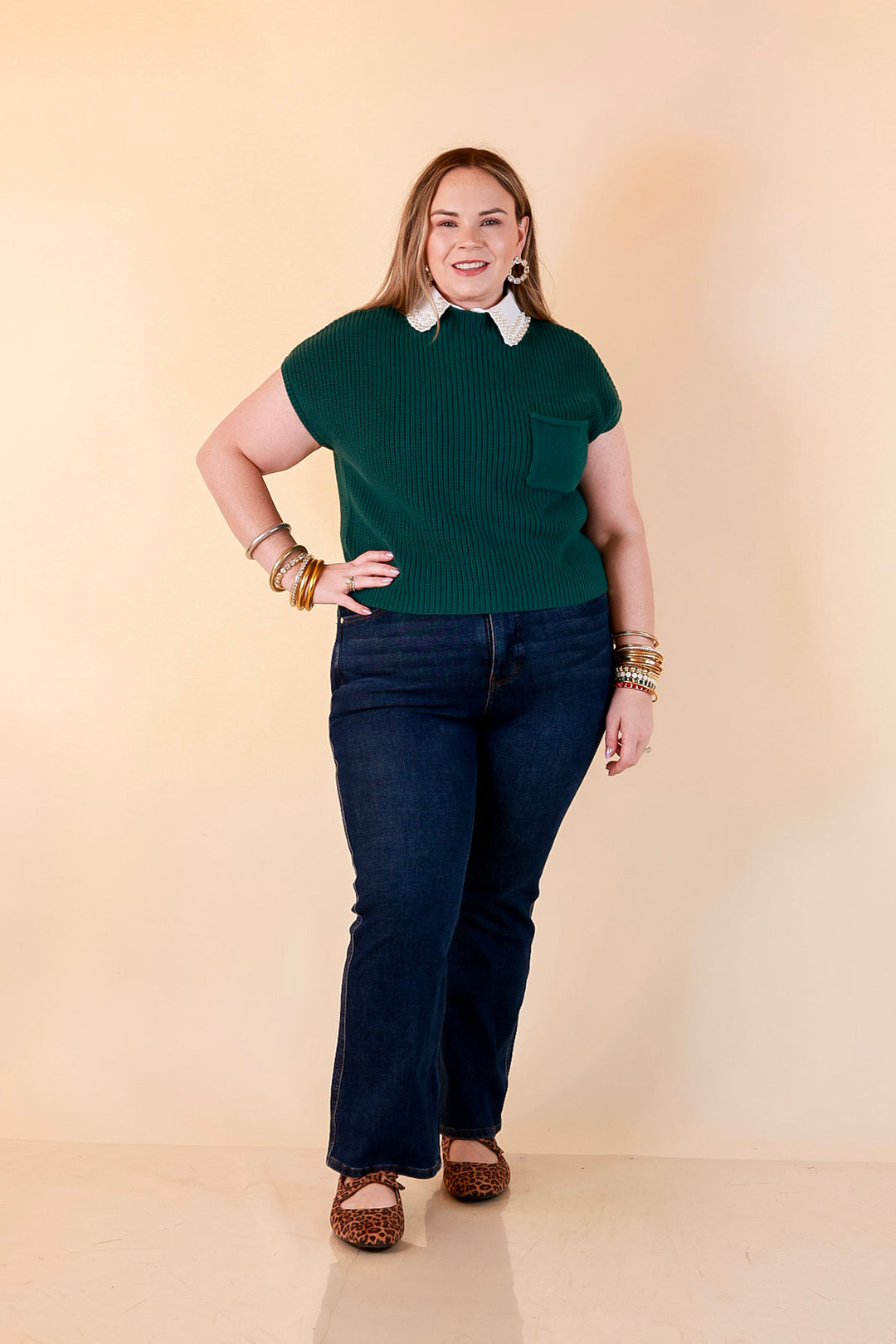 Repeat Worthy Cap Sleeve Cropped Sweater with Front Pocket in Forest Green