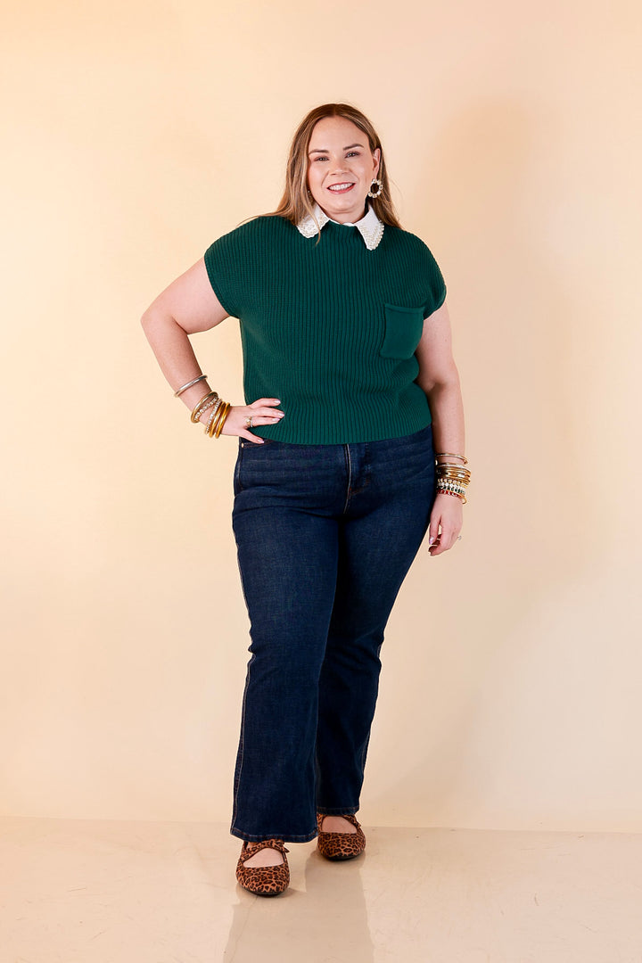 Repeat Worthy Cap Sleeve Cropped Sweater with Front Pocket in Forest Green
