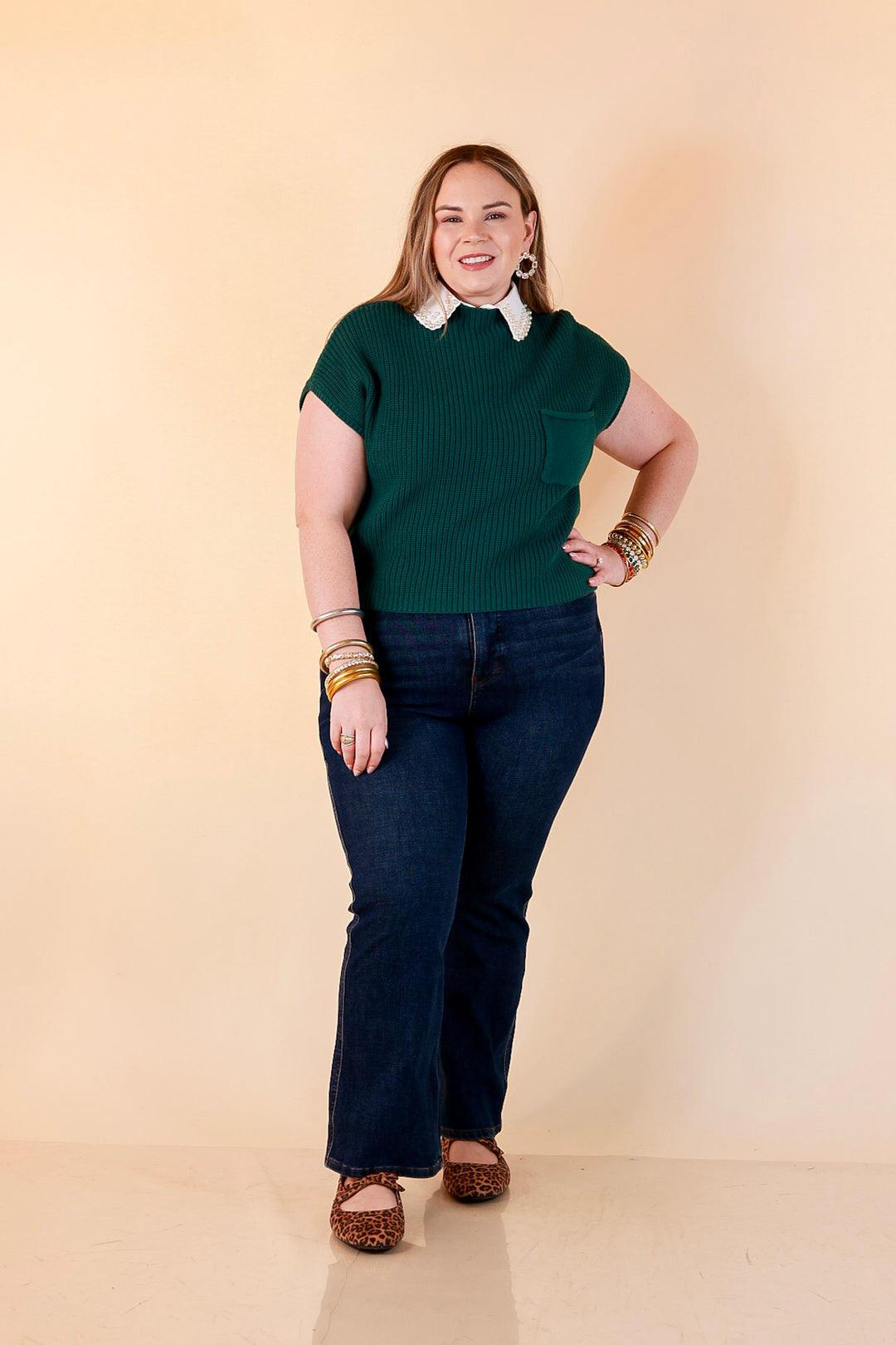 Repeat Worthy Cap Sleeve Cropped Sweater with Front Pocket in Forest Green