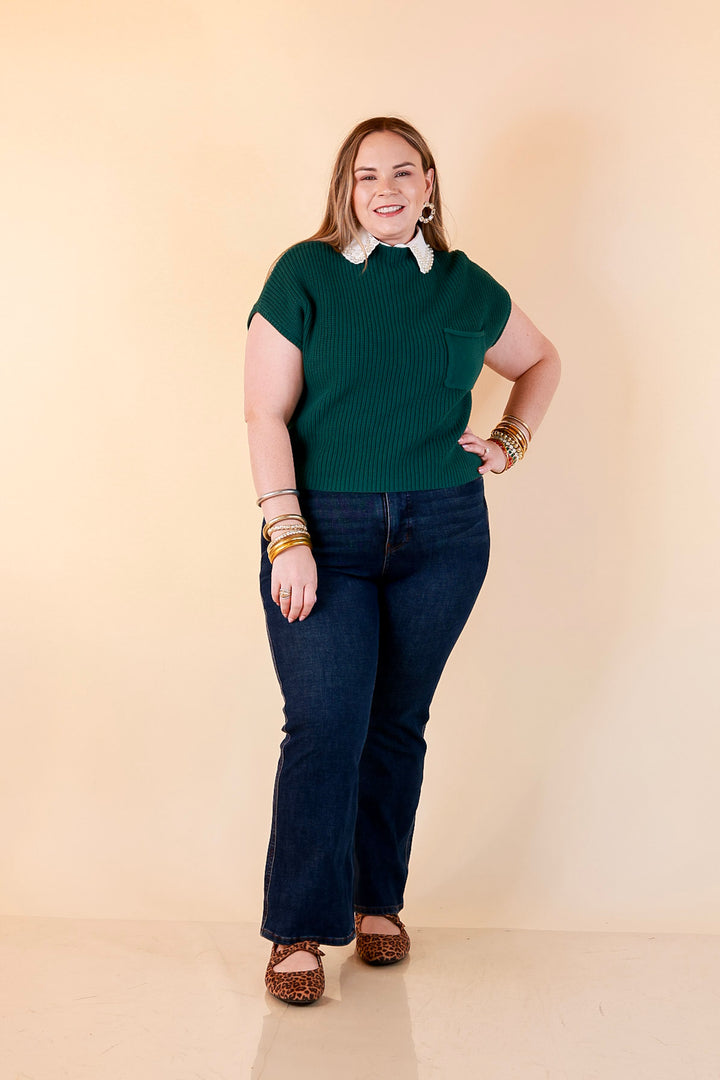 Repeat Worthy Cap Sleeve Cropped Sweater with Front Pocket in Forest Green