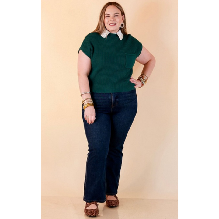 Repeat Worthy Cap Sleeve Cropped Sweater with Front Pocket in Forest Green