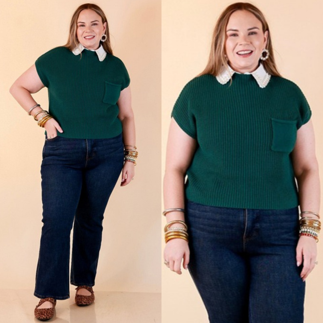 Repeat Worthy Cap Sleeve Cropped Sweater with Front Pocket in Forest Green
