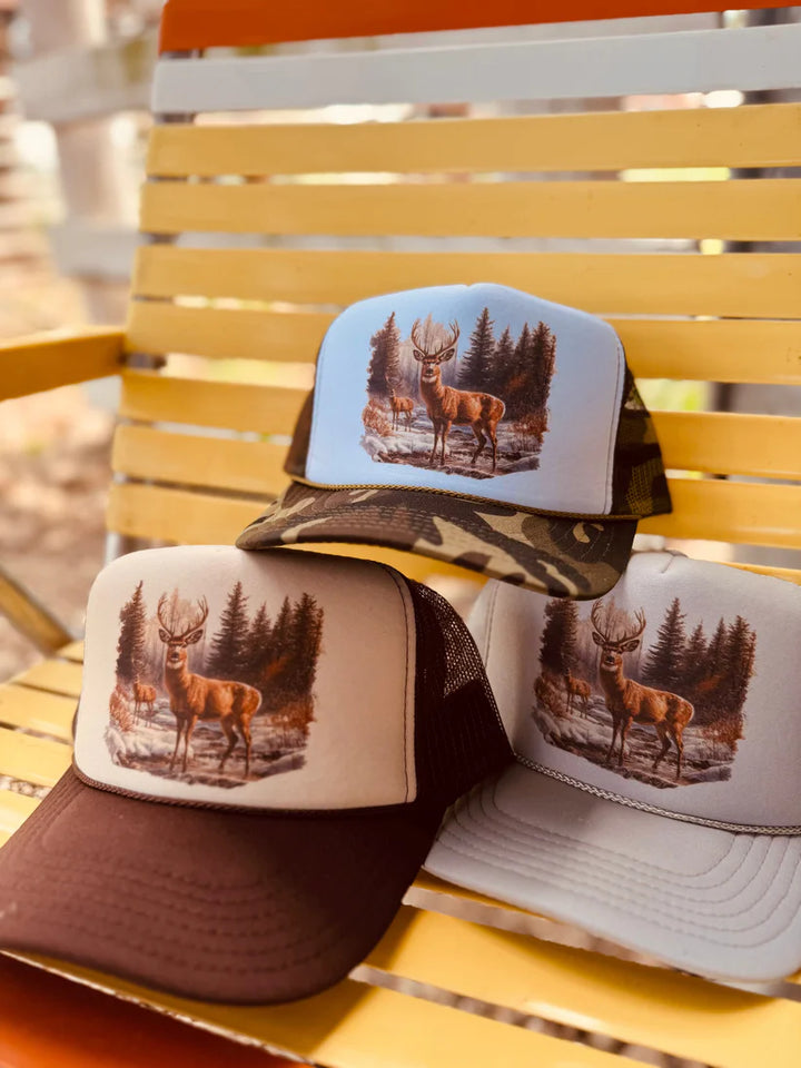 Set of three Retro Deer Trucker Caps in brown, camo & grey with vintage deer artwork
