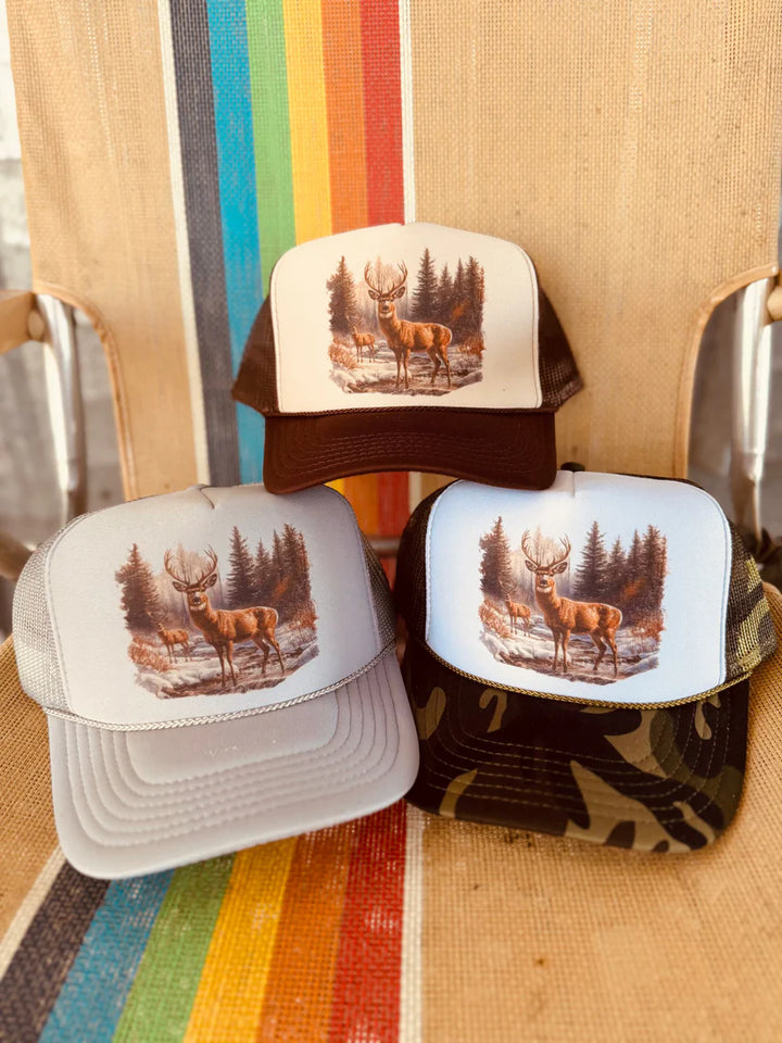 Set of three Retro Deer Trucker Caps in brown, camo & grey with vintage deer artwork