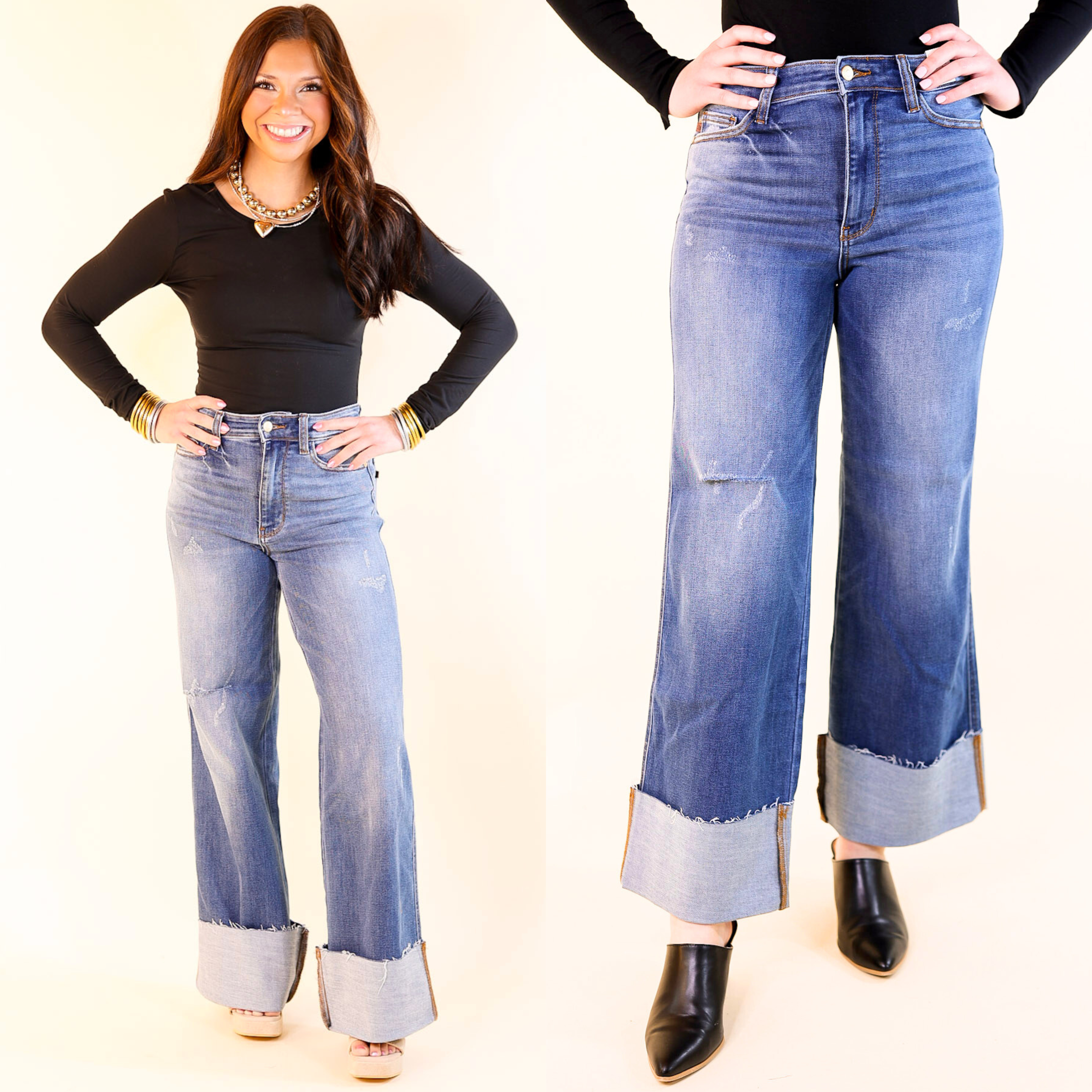 Judy Blue | Ready for Anything High Waisted Retro Wide Leg Jean with Cuff in Medium Wash