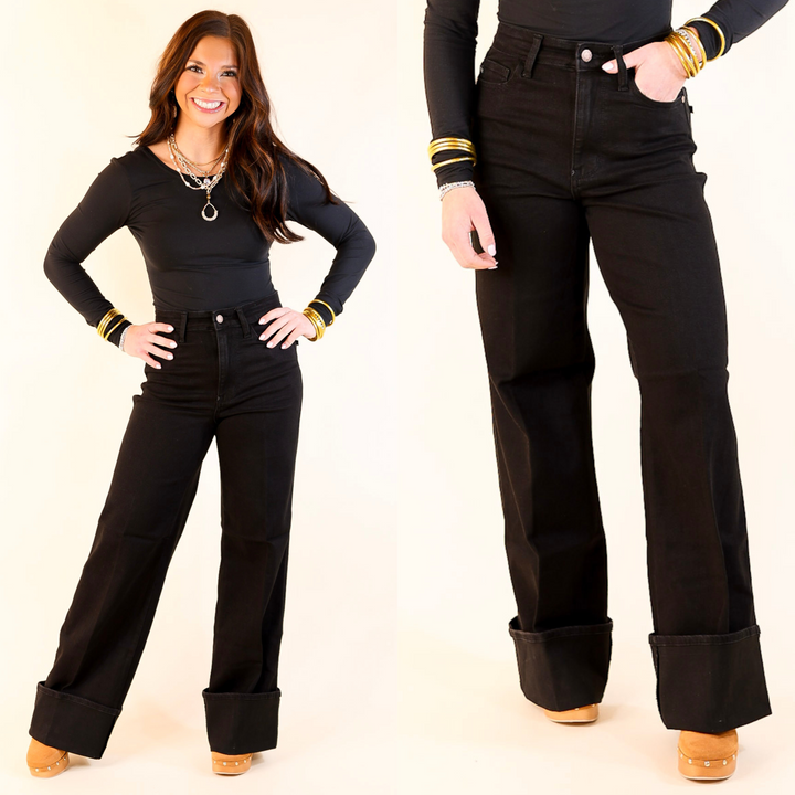 Judy Blue | Retro Roll-Up Wide Leg Jean with a Cuff in Black