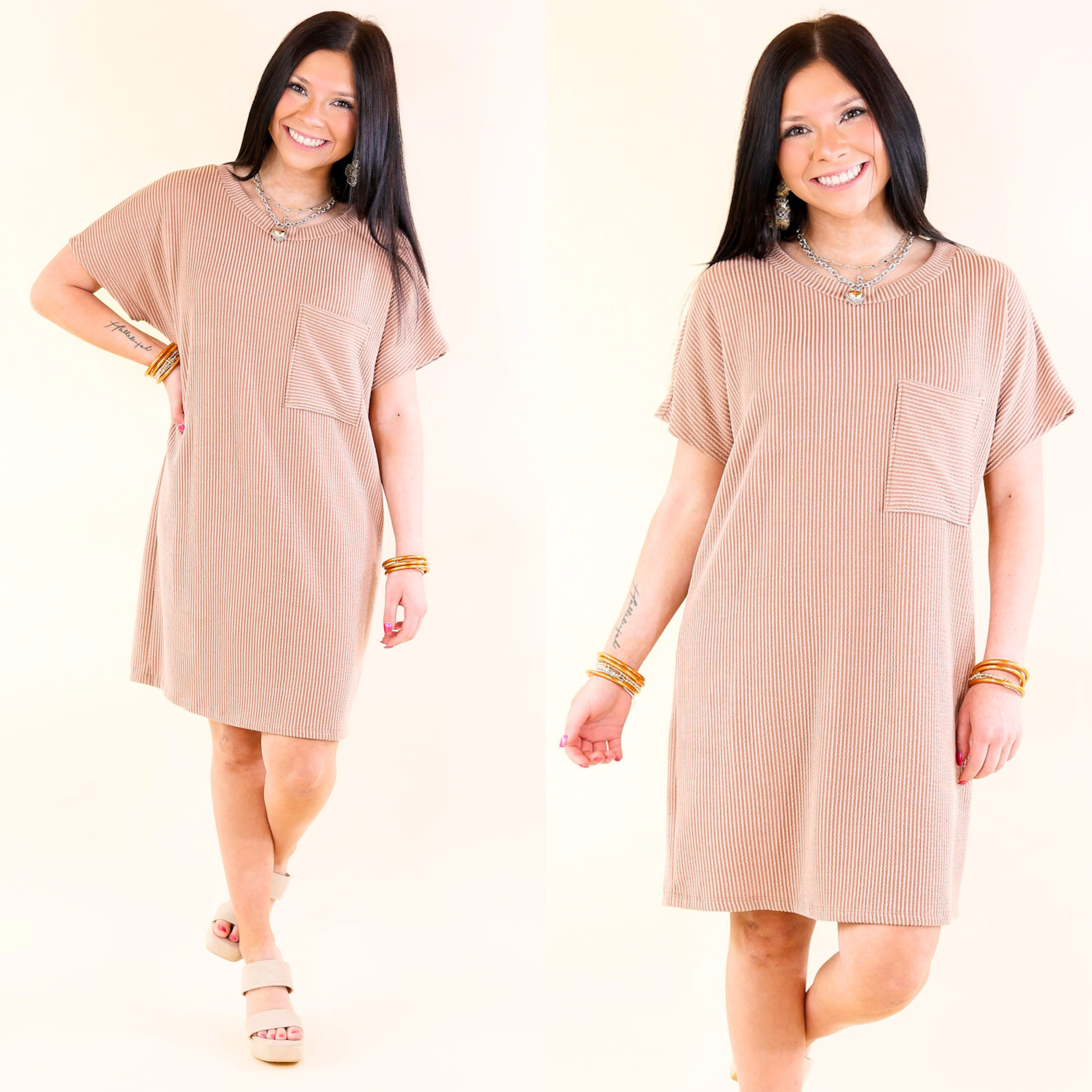 Coffee and Carefree Ribbed Short Sleeve Dress with Front Pocket in Peanut Butter Brown