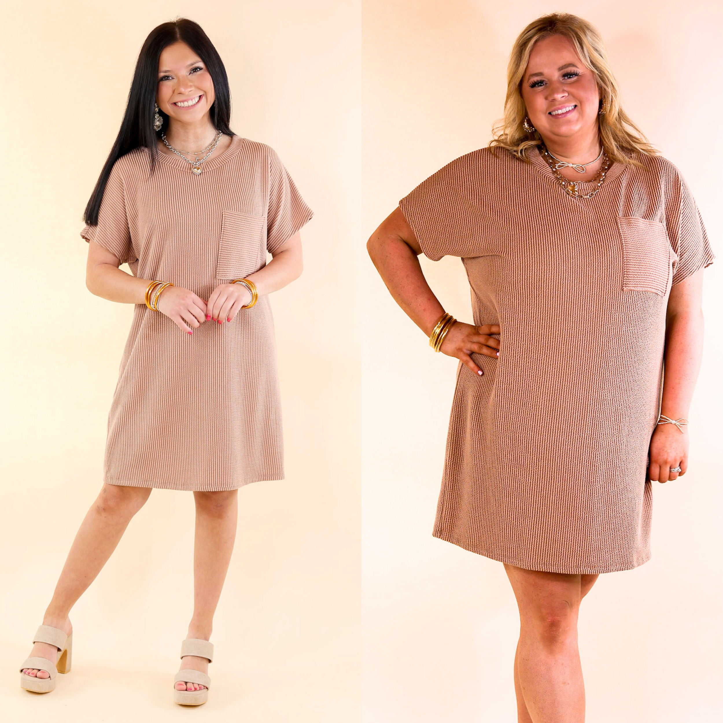 Coffee and Carefree Ribbed Short Sleeve Dress with Front Pocket in Acorn Brown