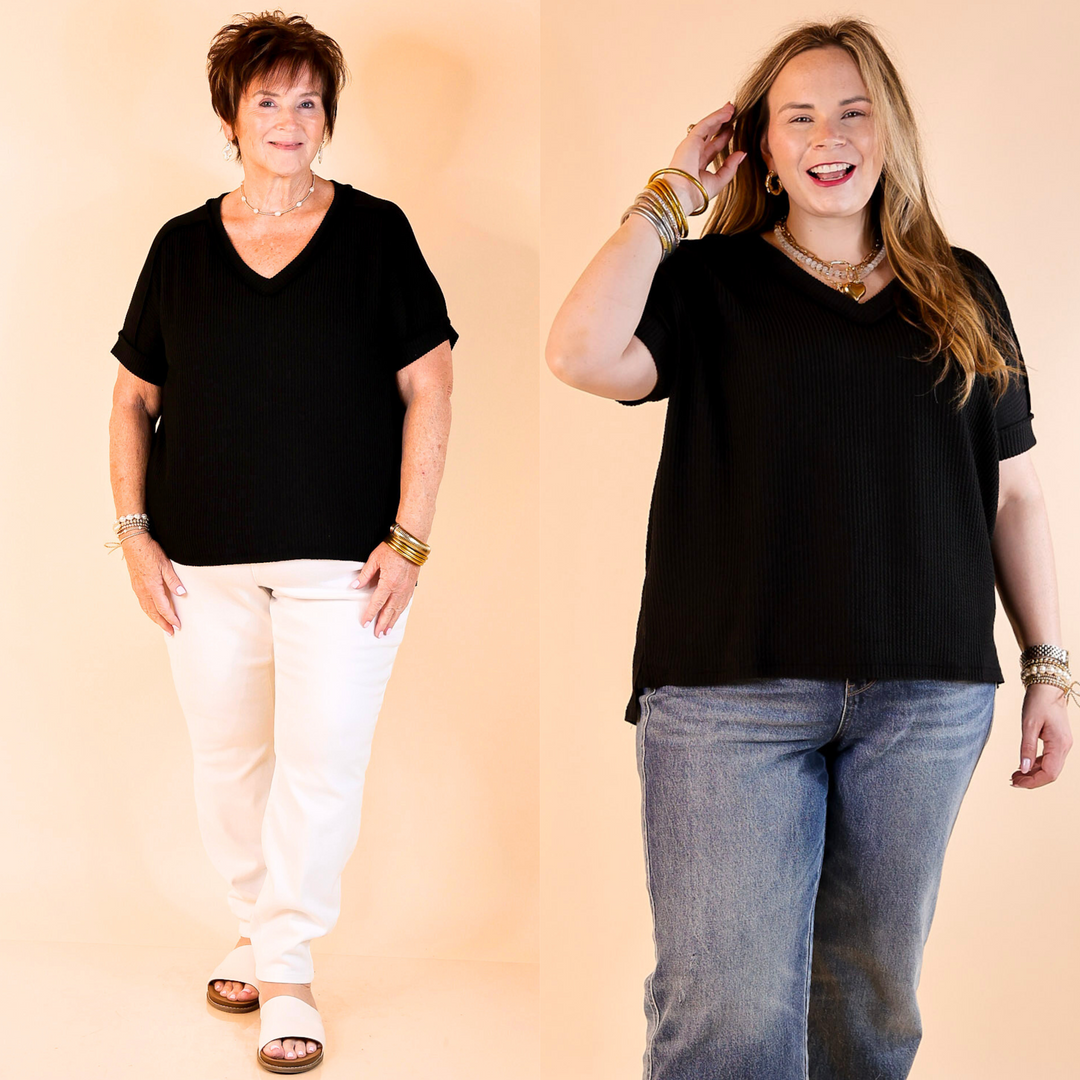 Designed with a flattering V-neck, ribbed texture, short sleeves, and a slight high-low hemline. 