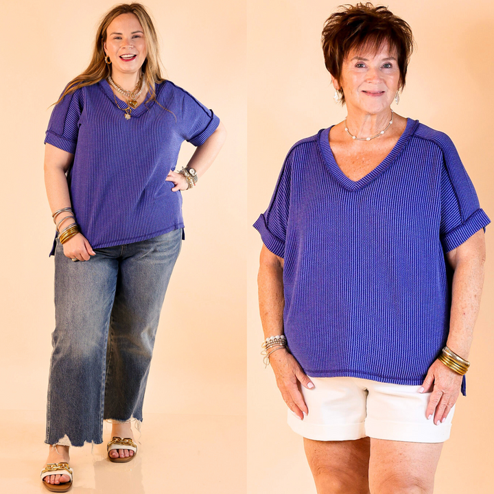 Designed with a flattering V-neck, ribbed texture, short sleeves, and a slight high-low hemline. Sizes are S/M and L/XL.