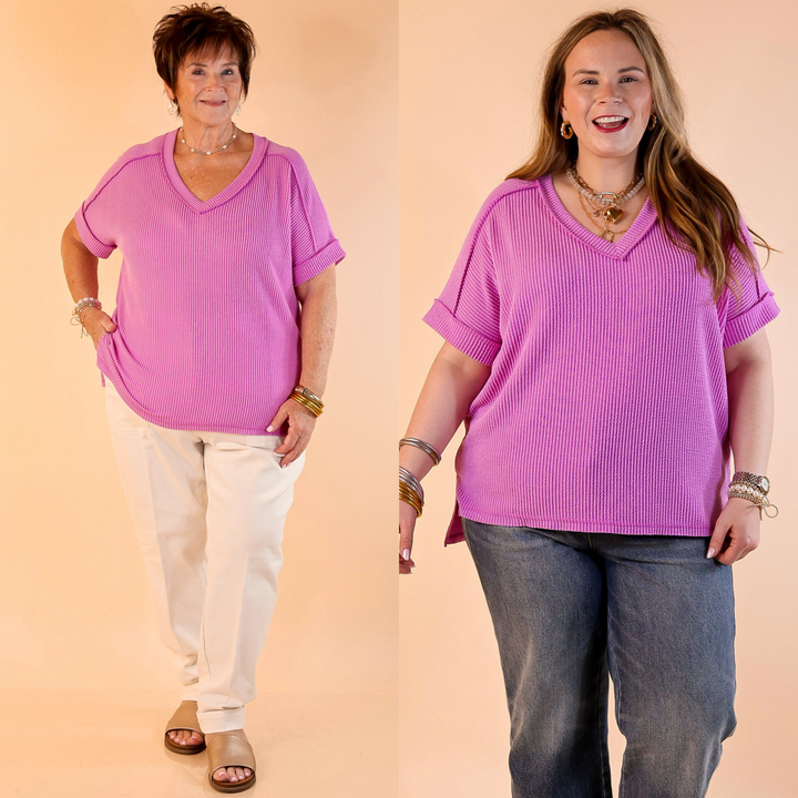 Designed with a flattering V-neck, ribbed texture, short sleeves, and a slight high-low hemline. 