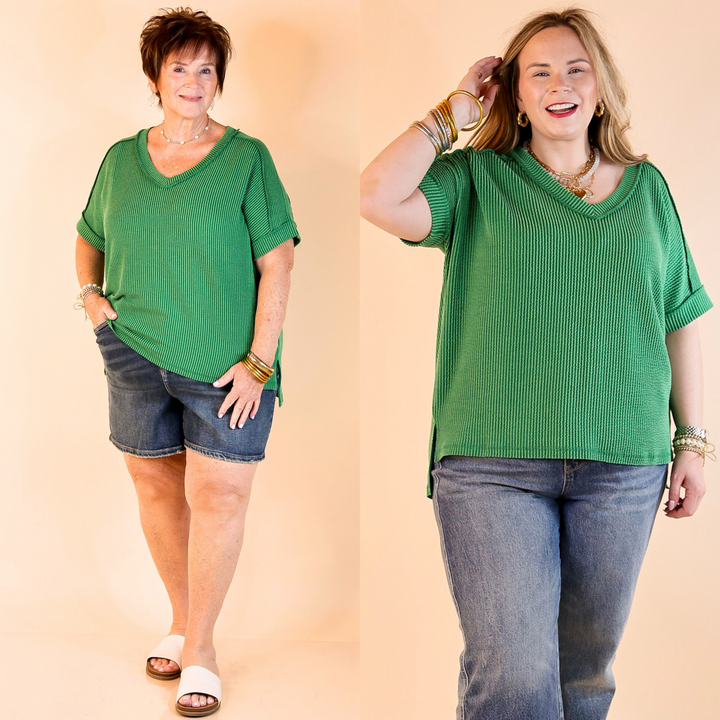 Designed with a flattering V-neck, ribbed texture, short sleeves, and a slight high-low hemline. 