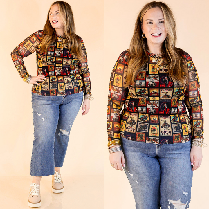 This long-sleeve top features a sleek mock neck and a sheer mesh material that adds a bold, yet sophisticated touch to any outfit. Sizes small through plus sizes.