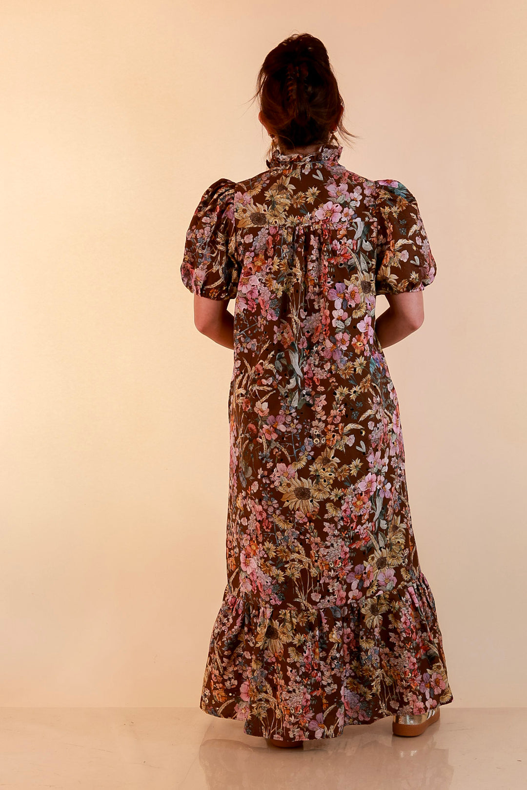 Room to Bloom Floral Eyelet Ruffle Collar Puff Sleeve Maxi Dress in Brown
