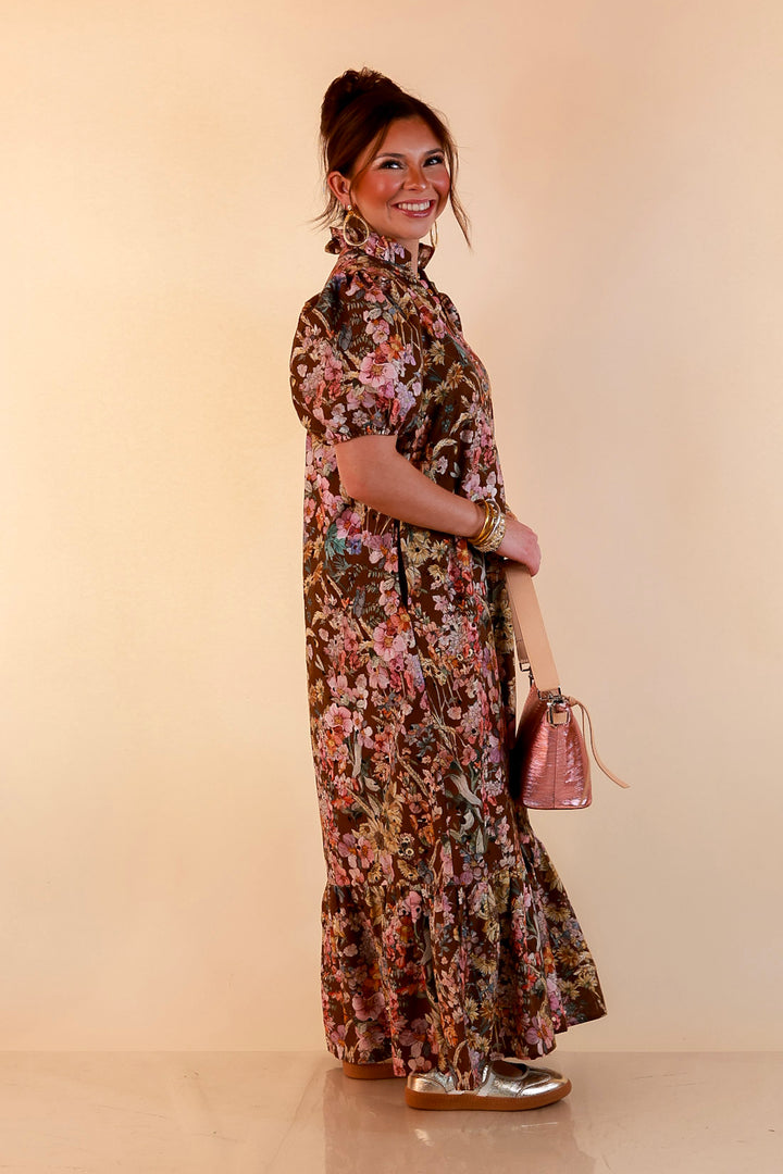 Room to Bloom Floral Eyelet Ruffle Collar Puff Sleeve Maxi Dress in Brown