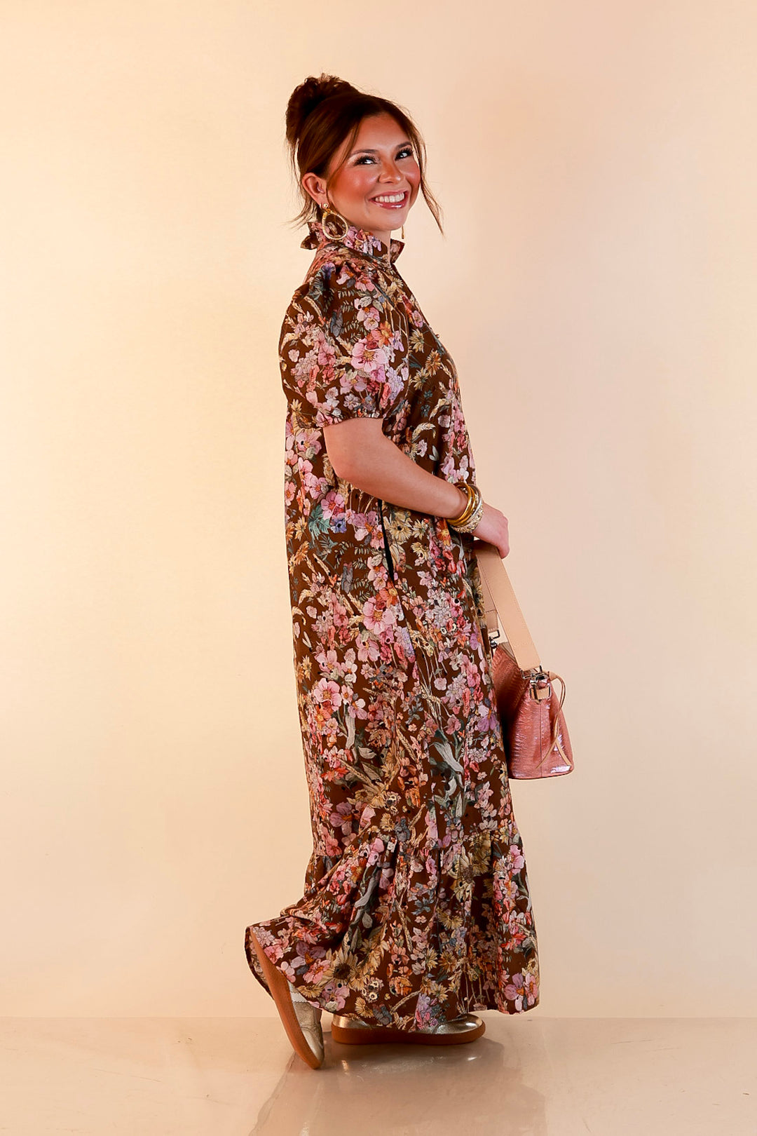 Room to Bloom Floral Eyelet Ruffle Collar Puff Sleeve Maxi Dress in Brown