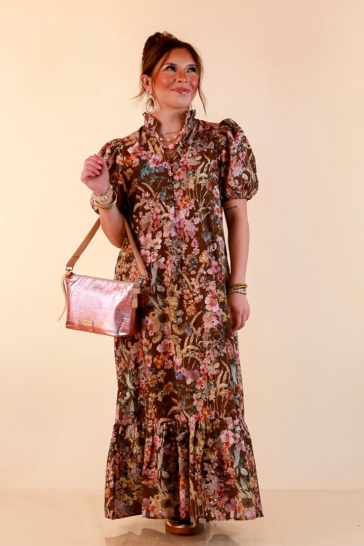 Room to Bloom Floral Eyelet Ruffle Collar Puff Sleeve Maxi Dress in Brown