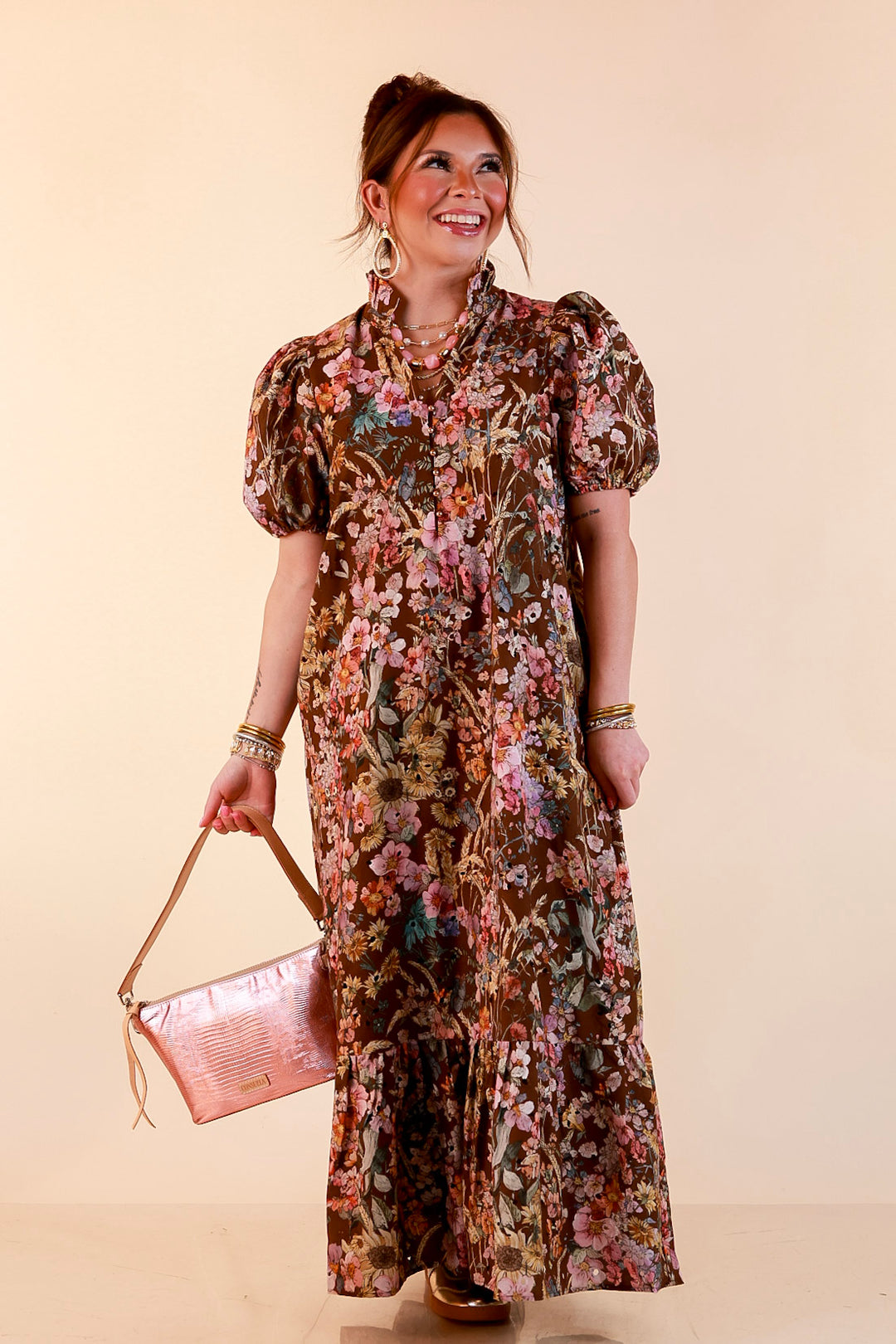 Room to Bloom Floral Eyelet Ruffle Collar Puff Sleeve Maxi Dress in Brown