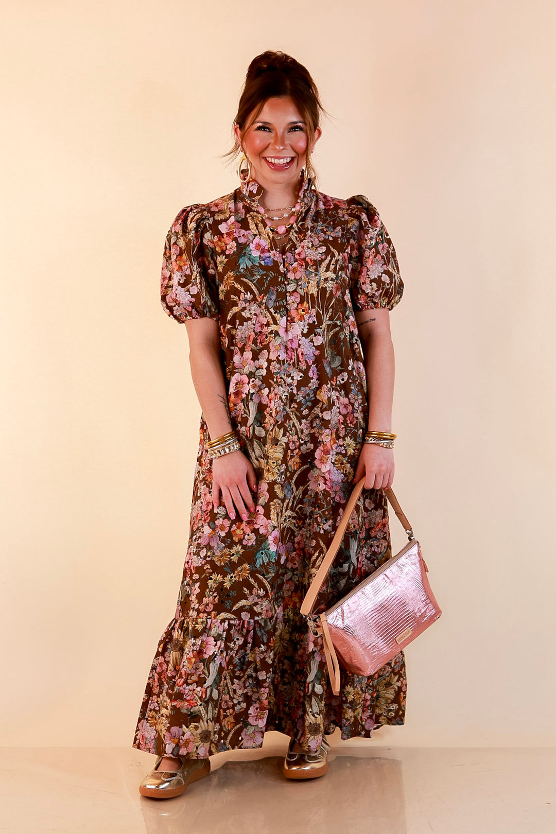 Room to Bloom Floral Eyelet Ruffle Collar Puff Sleeve Maxi Dress in Brown
