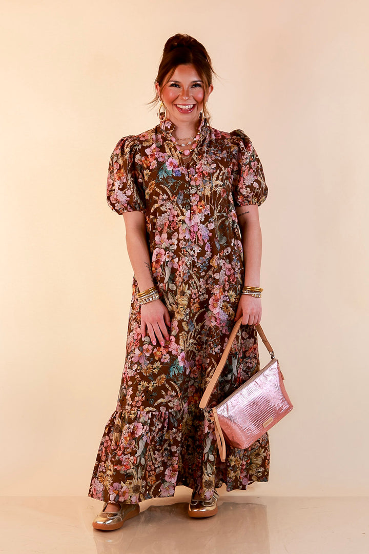 Room to Bloom Floral Eyelet Ruffle Collar Puff Sleeve Maxi Dress in Brown