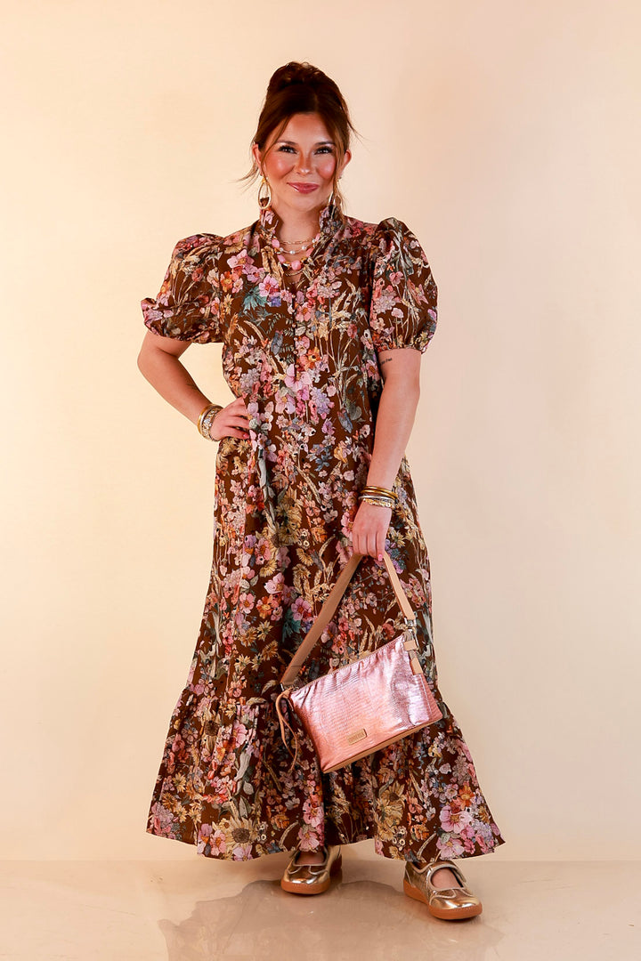 Room to Bloom Floral Eyelet Ruffle Collar Puff Sleeve Maxi Dress in Brown