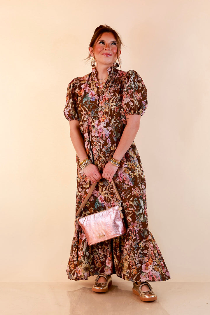 Room to Bloom Floral Eyelet Ruffle Collar Puff Sleeve Maxi Dress in Brown