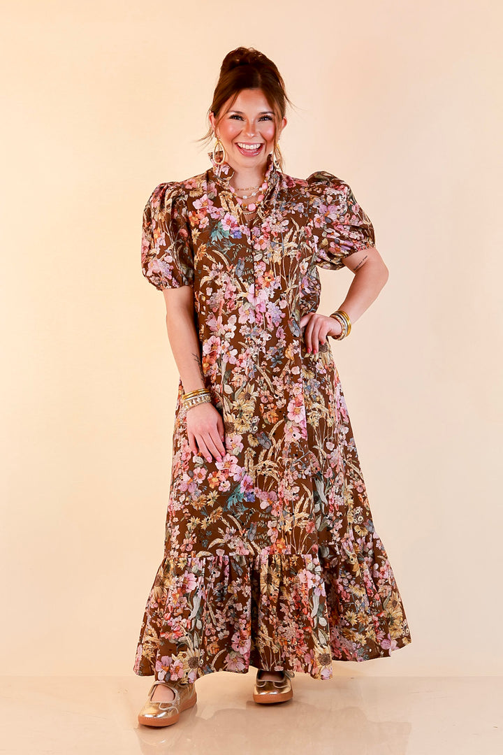 Room to Bloom Floral Eyelet Ruffle Collar Puff Sleeve Maxi Dress in Brown