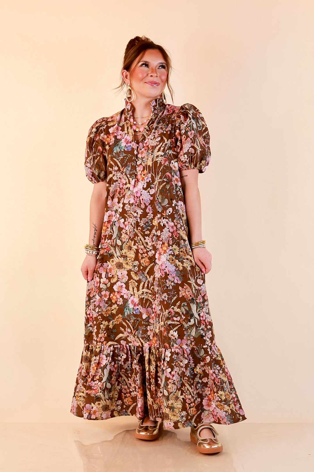 Room to Bloom Floral Eyelet Ruffle Collar Puff Sleeve Maxi Dress in Brown