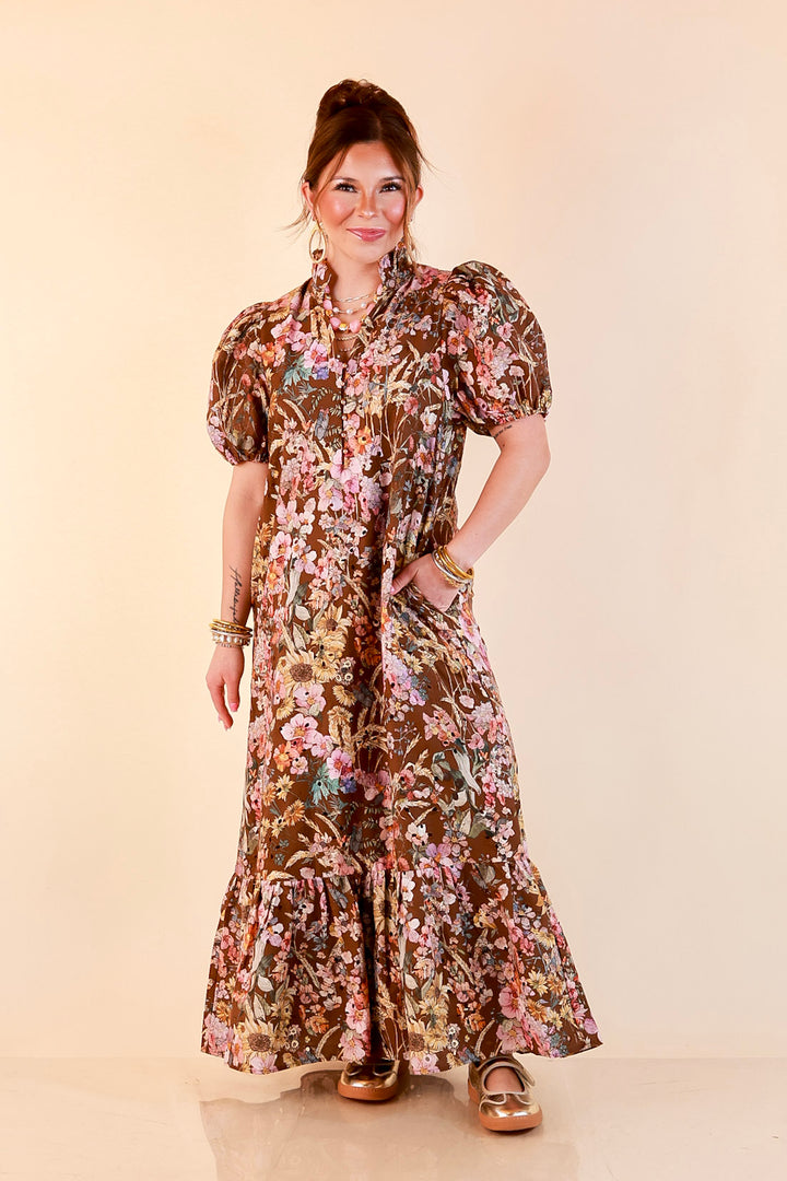 Room to Bloom Floral Eyelet Ruffle Collar Puff Sleeve Maxi Dress in Brown