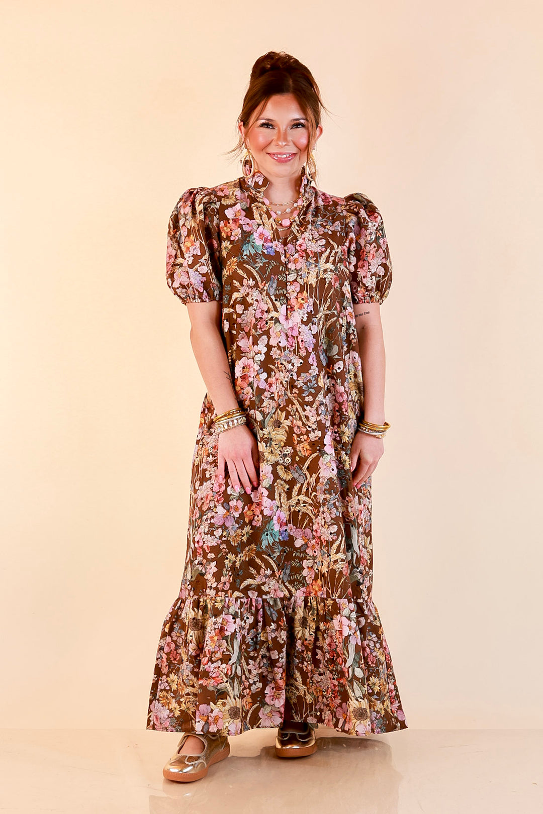 Room to Bloom Floral Eyelet Ruffle Collar Puff Sleeve Maxi Dress in Brown
