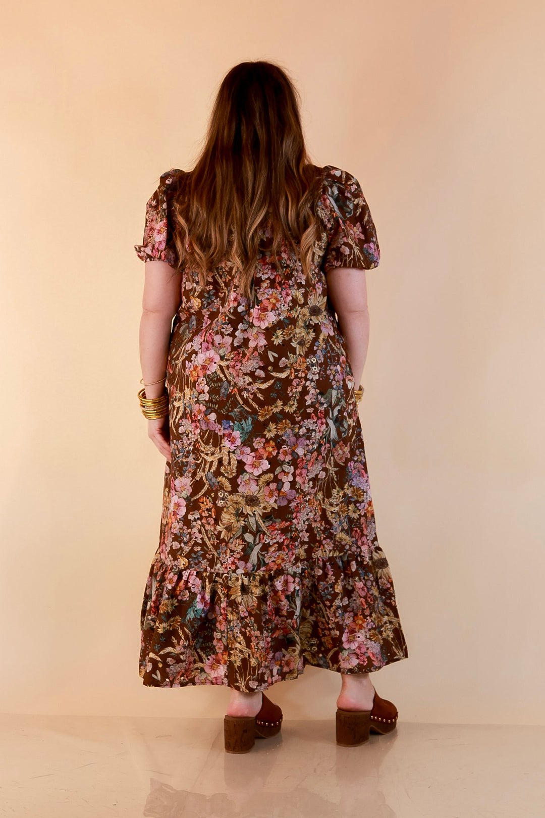 Room to Bloom Floral Eyelet Ruffle Collar Puff Sleeve Maxi Dress in Brown