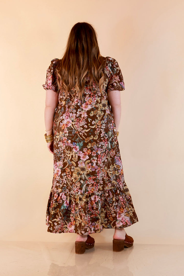 Room to Bloom Floral Eyelet Ruffle Collar Puff Sleeve Maxi Dress in Brown