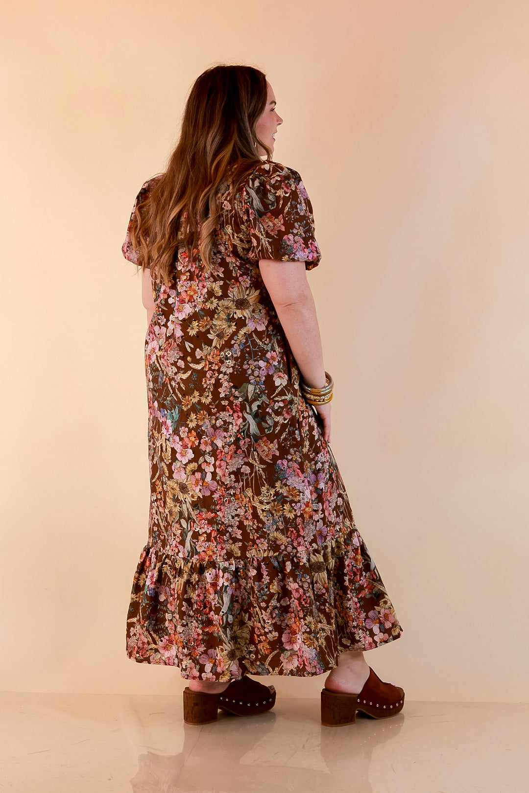 Room to Bloom Floral Eyelet Ruffle Collar Puff Sleeve Maxi Dress in Brown