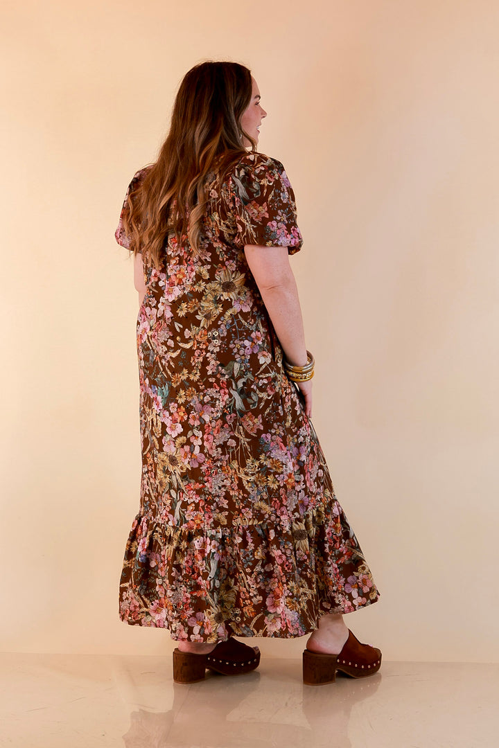 Room to Bloom Floral Eyelet Ruffle Collar Puff Sleeve Maxi Dress in Brown