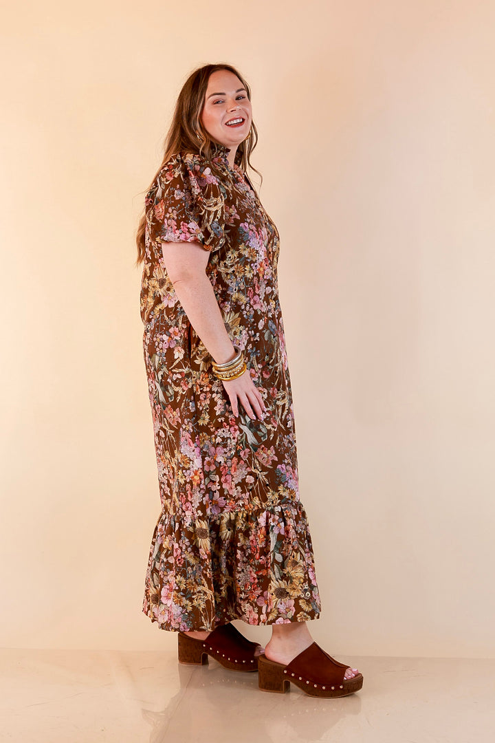 Room to Bloom Floral Eyelet Ruffle Collar Puff Sleeve Maxi Dress in Brown