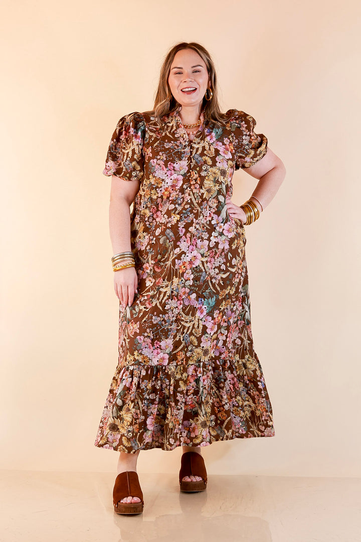 Room to Bloom Floral Eyelet Ruffle Collar Puff Sleeve Maxi Dress in Brown