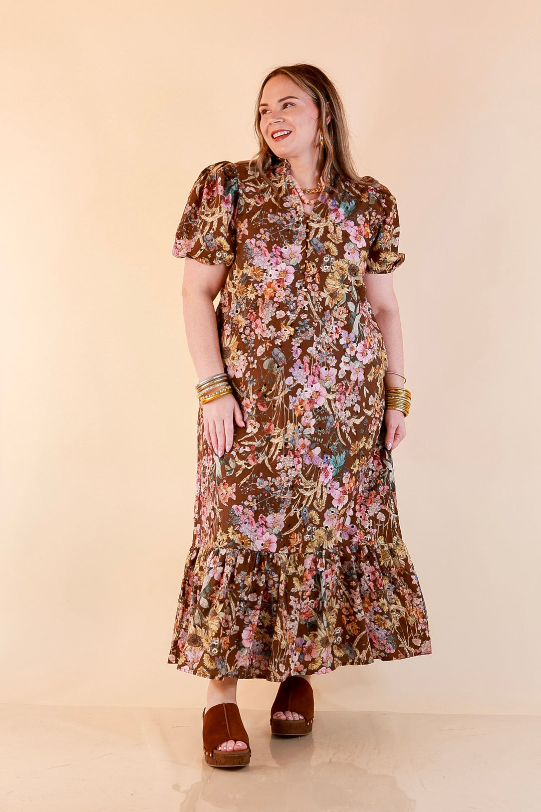Room to Bloom Floral Eyelet Ruffle Collar Puff Sleeve Maxi Dress in Brown