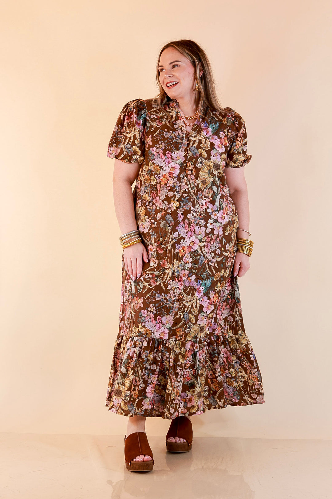 Room to Bloom Floral Eyelet Ruffle Collar Puff Sleeve Maxi Dress in Brown