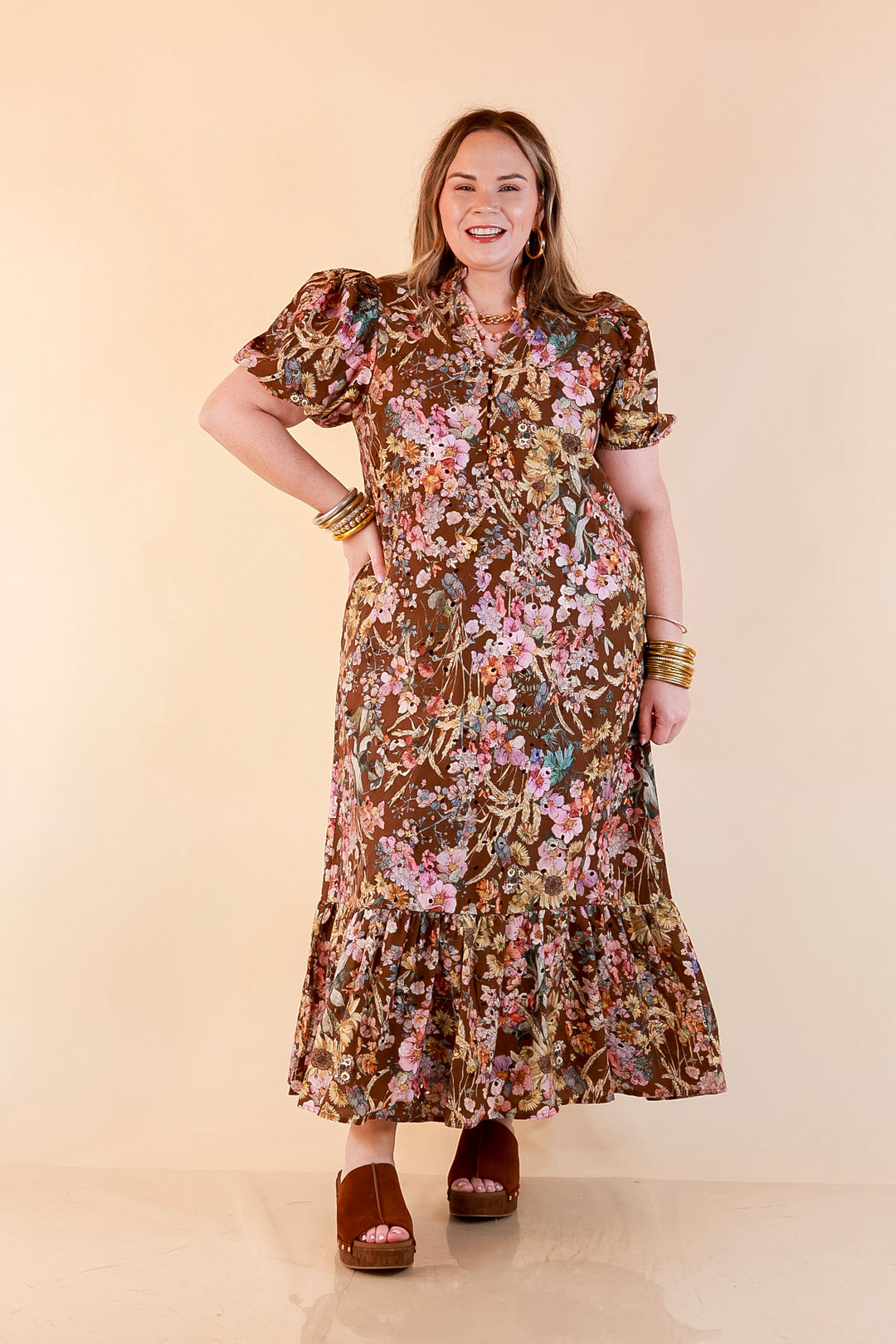 Room to Bloom Floral Eyelet Ruffle Collar Puff Sleeve Maxi Dress in Brown